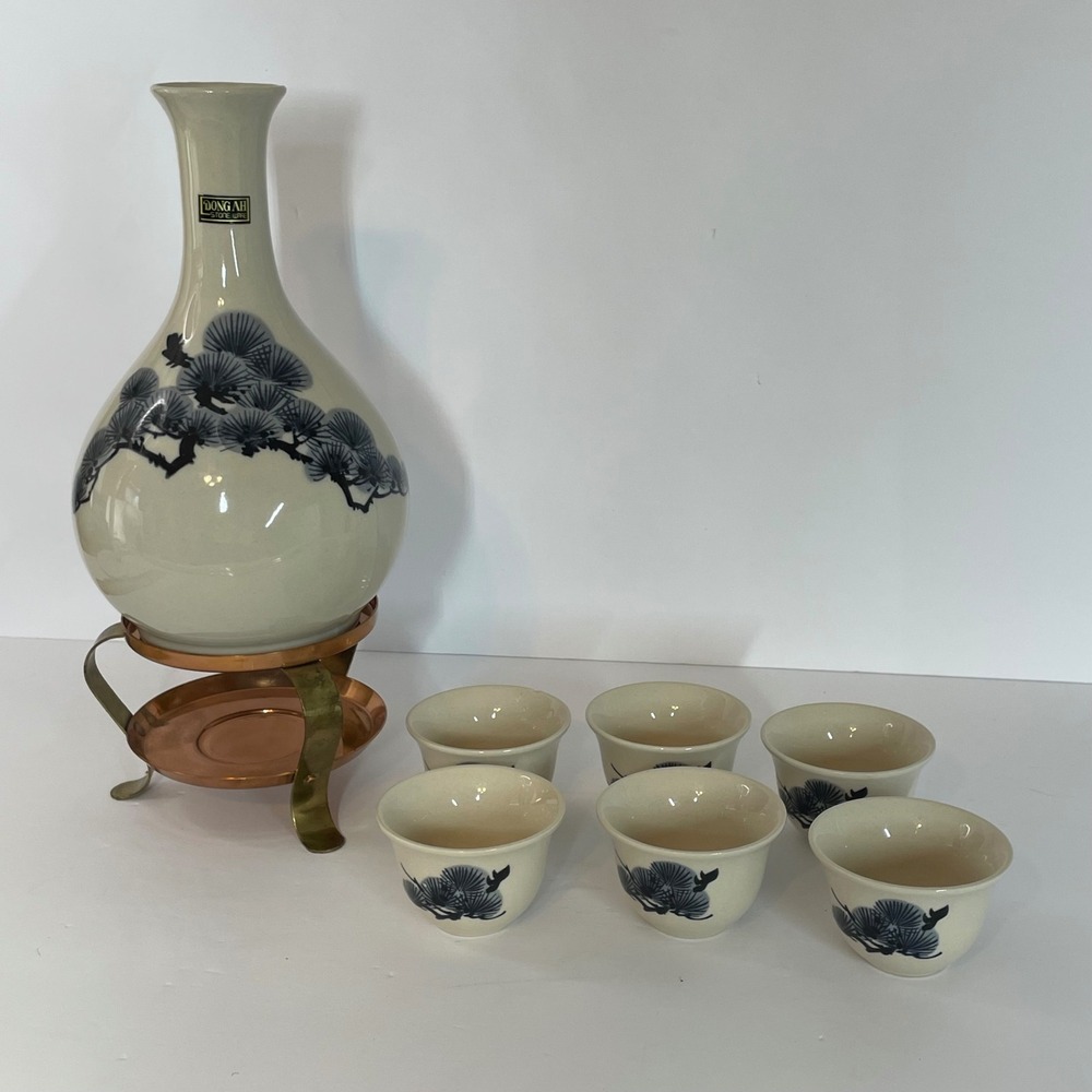 Dong Ah Stone Ware Korean Sake Set Blue Pine Tree Decanter 6 Cups Warming Stand